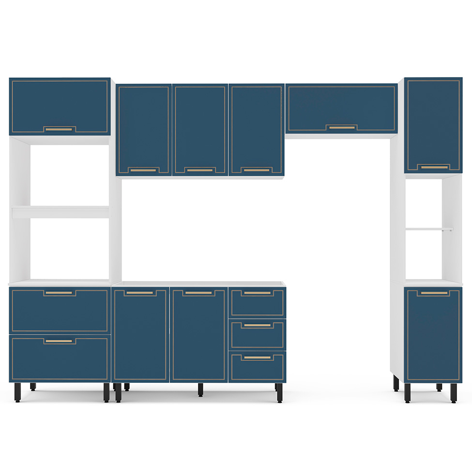 Cozinha Compacta Sem Tampo com Paneleiro Amara 9 Portas 5 Gavetas Azul e Branca