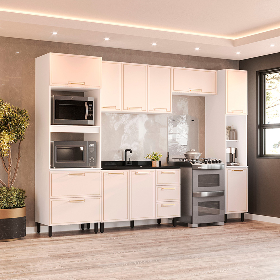 Cozinha Compacta Sem Tampo com Paneleiro Amara 9 Portas 5 Gavetas Creme e Branca