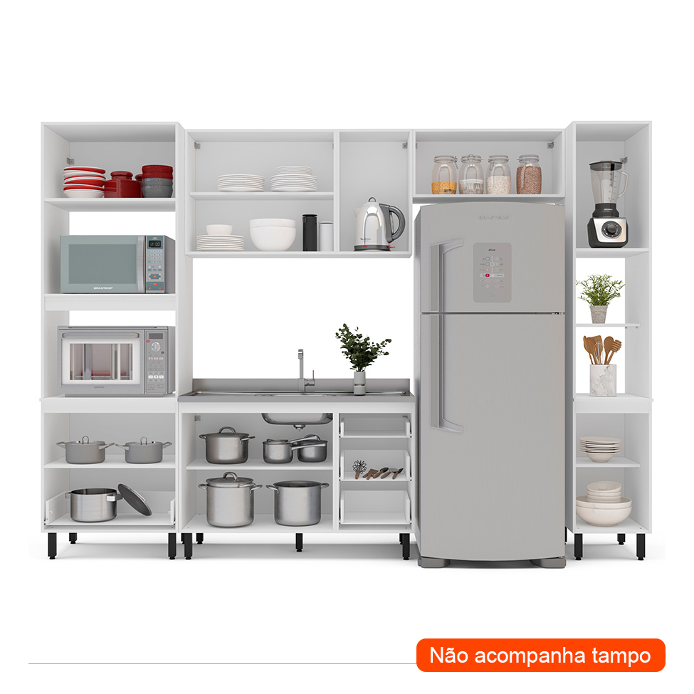 Cozinha Compacta Sem Tampo com Paneleiro Amara 9 Portas 5 Gavetas Creme e Branca