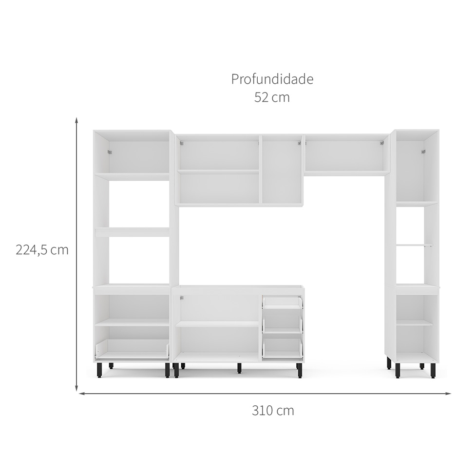 Cozinha Compacta Sem Tampo com Paneleiro Amara 9 Portas 5 Gavetas Creme e Branca