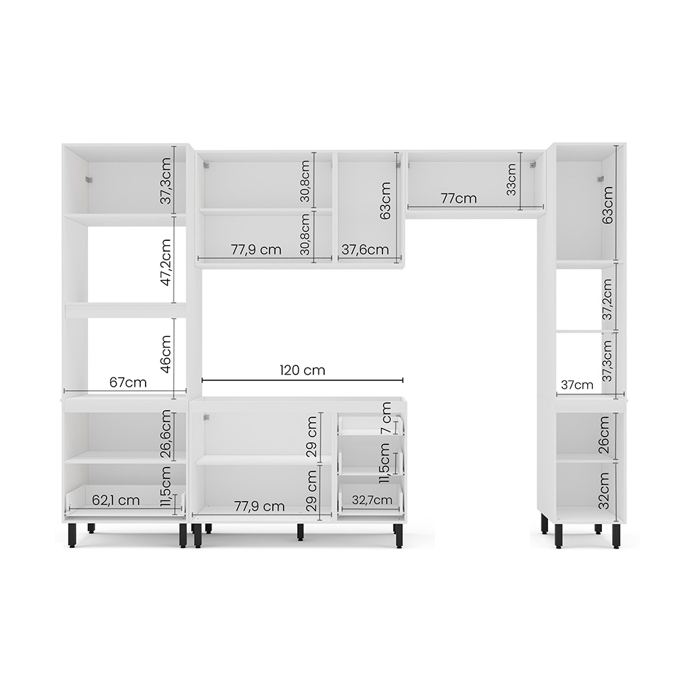 Cozinha Compacta Sem Tampo com Paneleiro Amara 9 Portas 5 Gavetas Creme e Branca