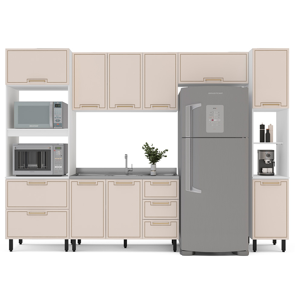 Cozinha Compacta Sem Tampo com Paneleiro Amara 9 Portas 5 Gavetas Creme e Branca