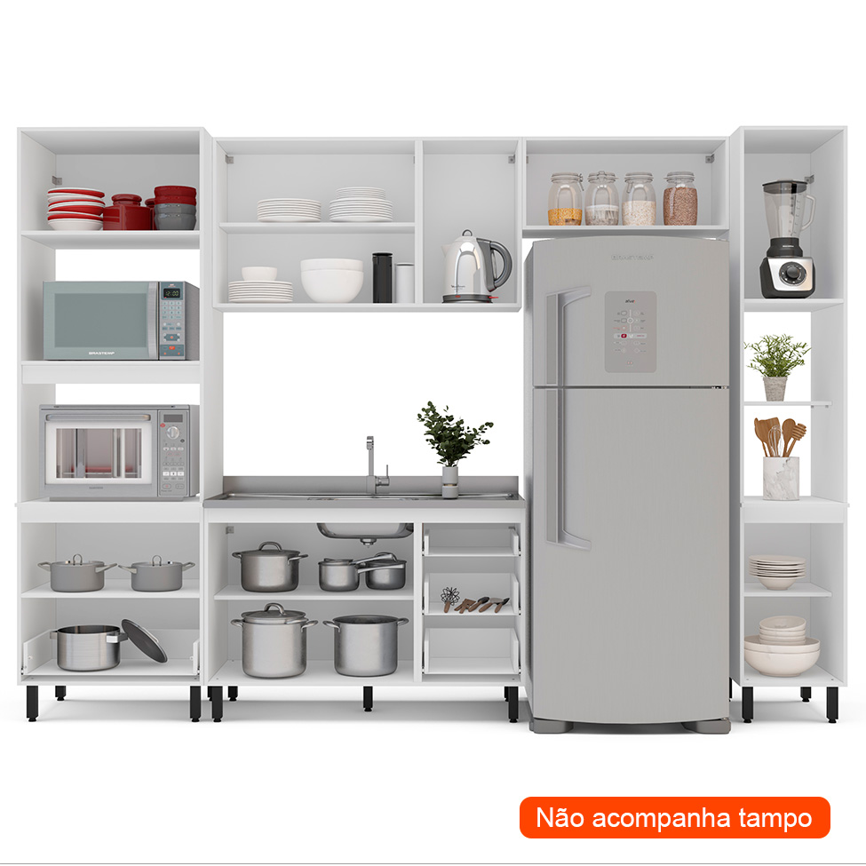 Cozinha Compacta Sem Tampo com Paneleiro Meena 10 Portas 4 Gavetas Azul e Branca