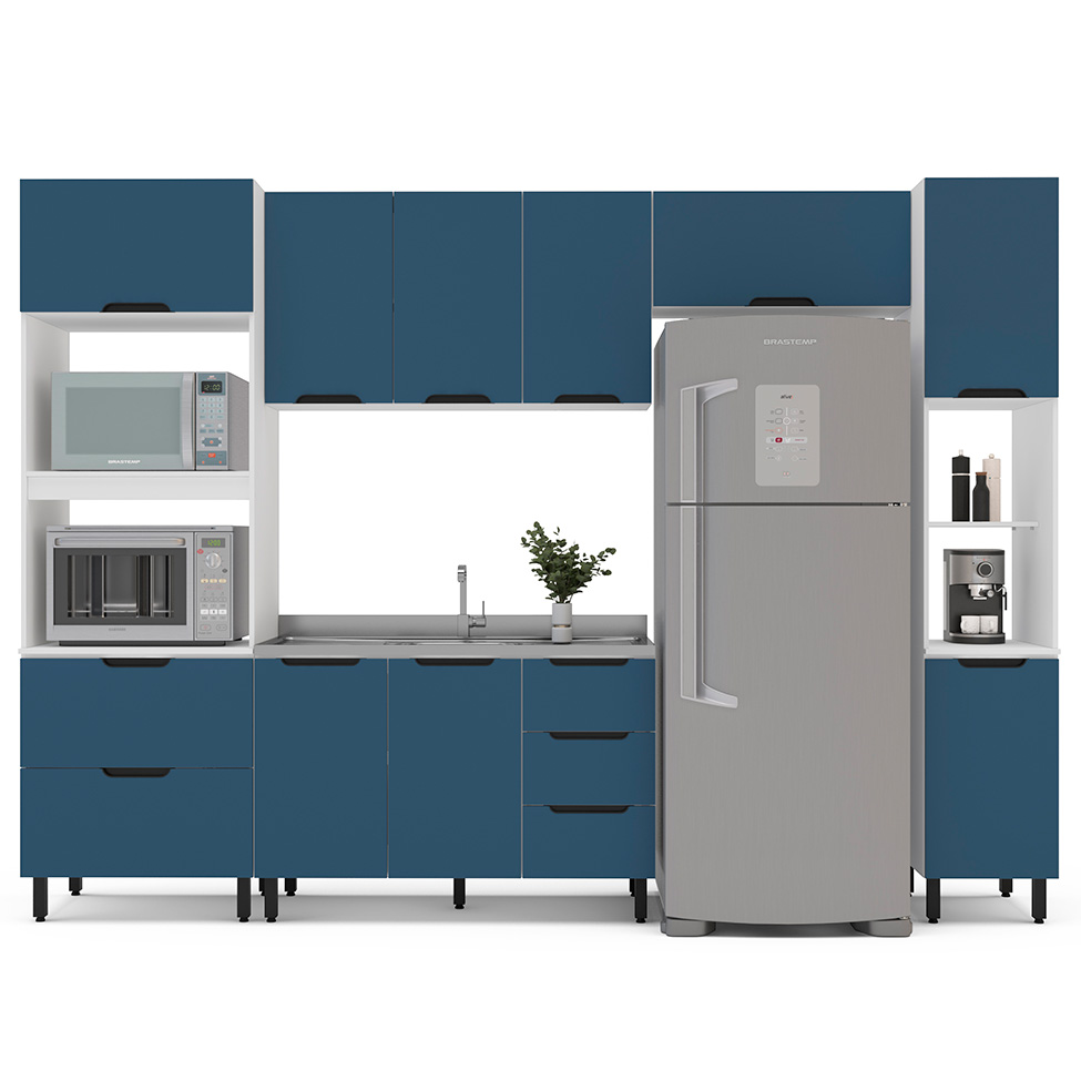 Cozinha Compacta Sem Tampo com Paneleiro Meena 10 Portas 4 Gavetas Azul e Branca
