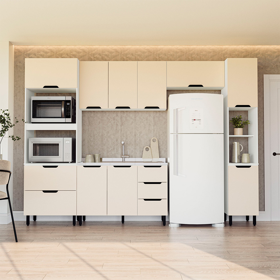 Cozinha Compacta Sem Tampo com Paneleiro Meena 9 Portas 5 Gavetas Creme e Branca