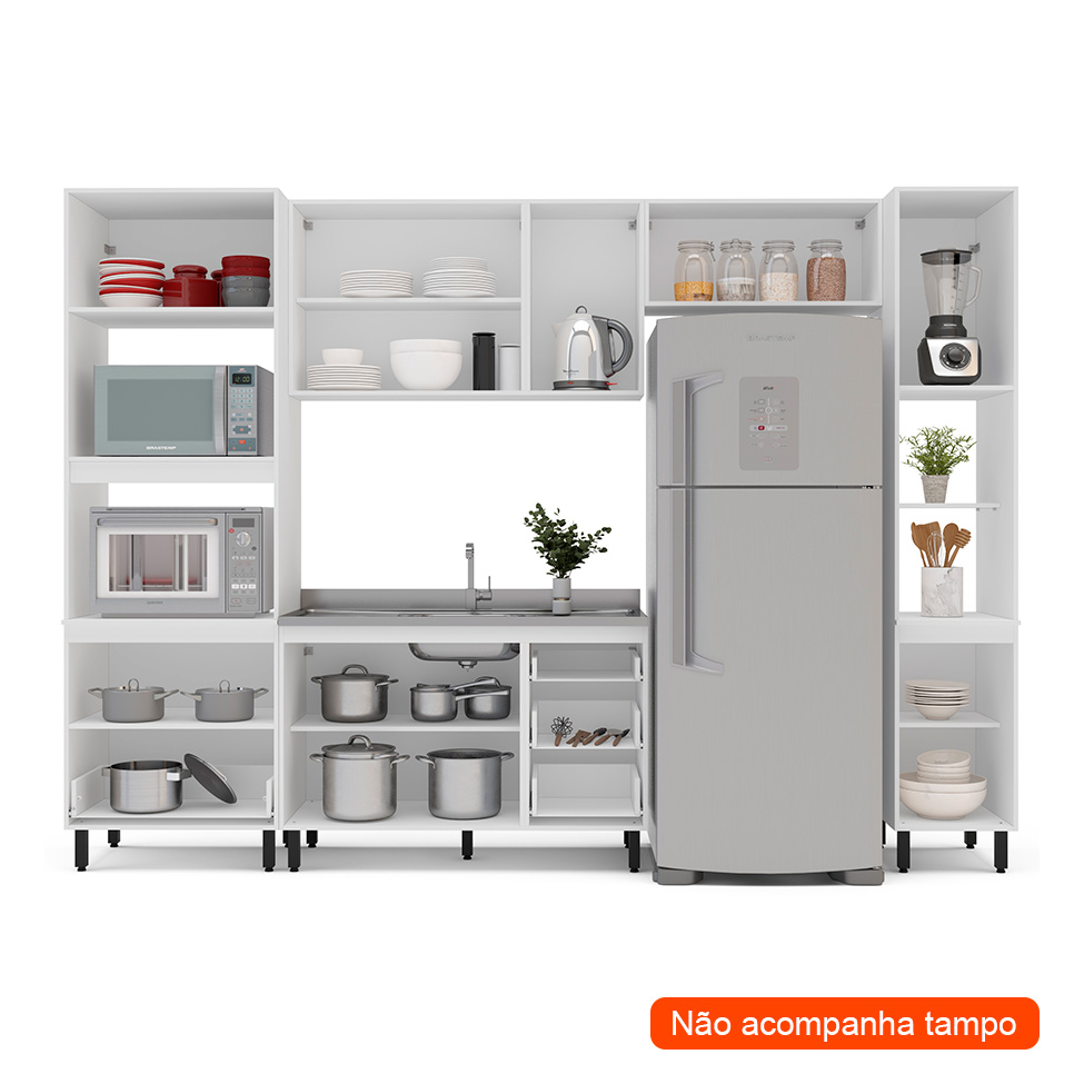Cozinha Compacta Sem Tampo com Paneleiro Meena 9 Portas 5 Gavetas Creme e Branca