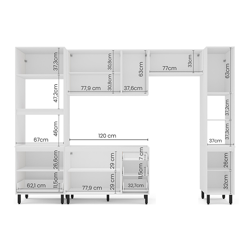 Cozinha Compacta Sem Tampo com Paneleiro Meena 9 Portas 5 Gavetas Creme e Branca