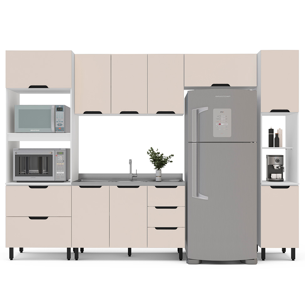 Cozinha Compacta Sem Tampo com Paneleiro Meena 9 Portas 5 Gavetas Creme e Branca