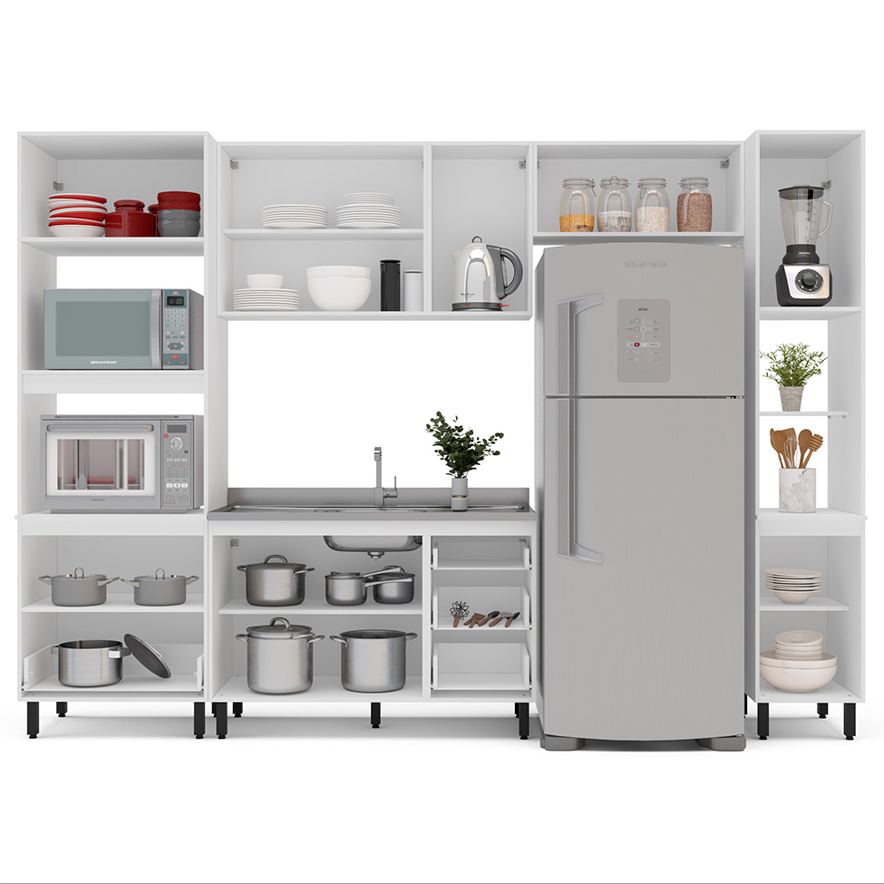 Cozinha Compacta Sem Tampo com Paneleiro Meena 9 Portas 5 Gavetas Creme e Branca