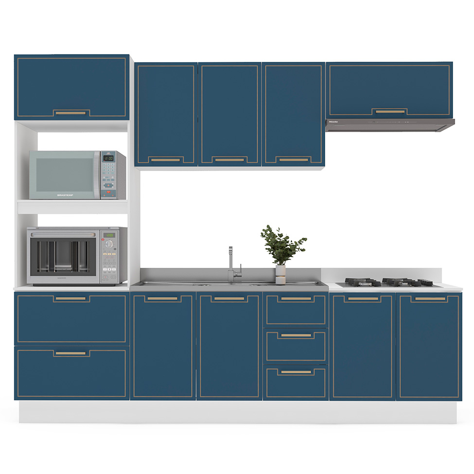 Cozinha Compacta Sem Tampo com Rodapé Amara 10 Portas 4 Gavetas Azul e Branca