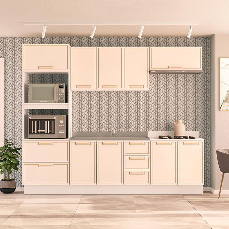 Cozinha Compacta Sem Tampo com Rodapé Amara 10 Portas 4 Gavetas Creme e Branca