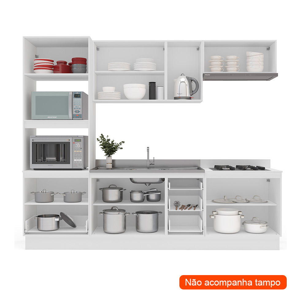 Cozinha Compacta Sem Tampo com Rodapé Amara 10 Portas 4 Gavetas Creme e Branca