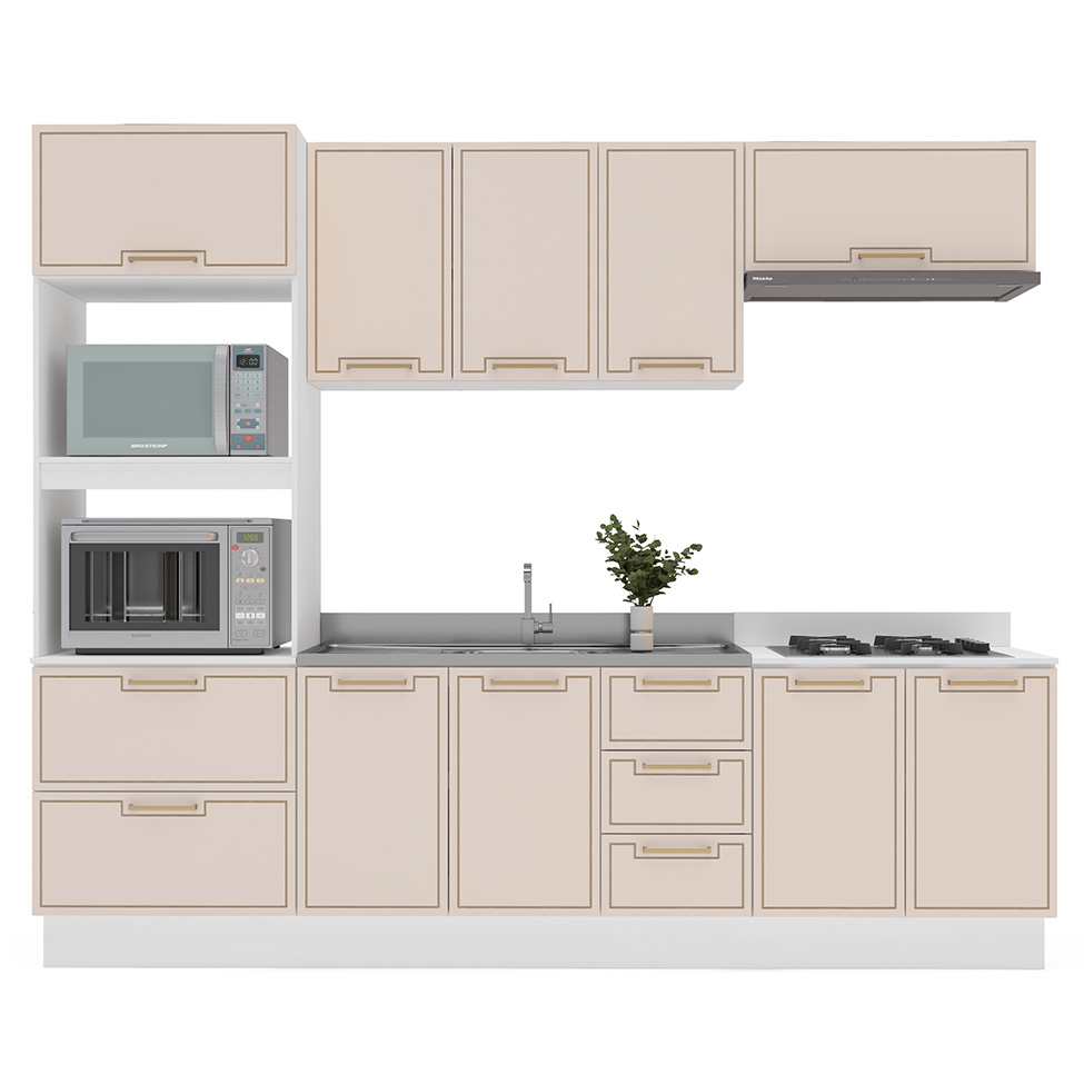 Cozinha Compacta Sem Tampo com Rodapé Amara 10 Portas 4 Gavetas Creme e Branca