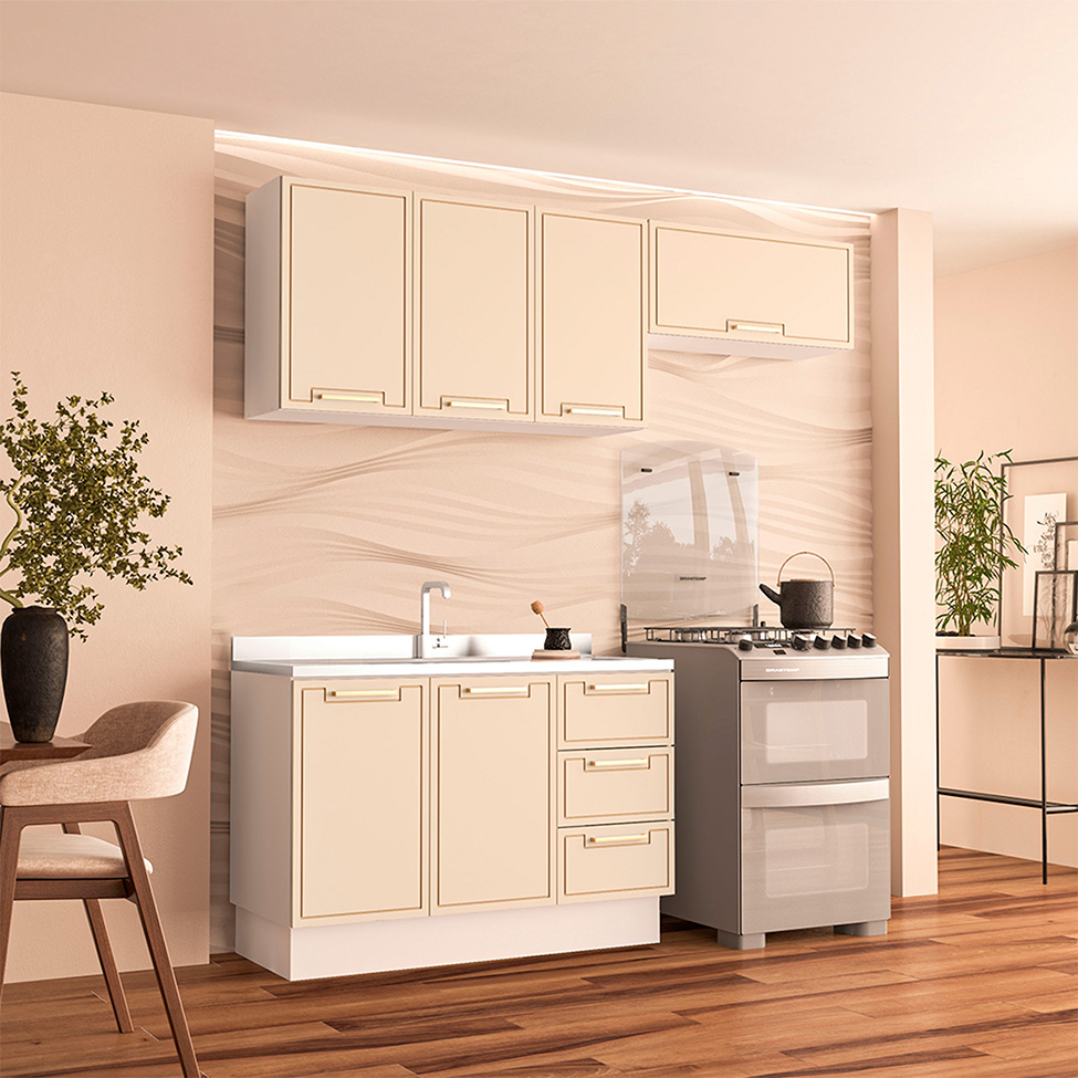 Cozinha Compacta Sem Tampo com Rodapé Amara 6 Portas 3 Gavetas Creme e Branca