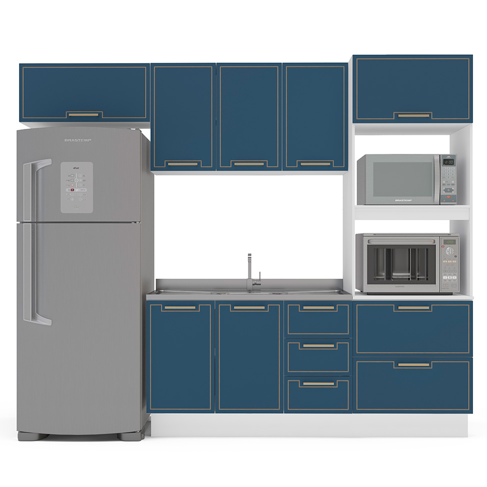 Cozinha Compacta Sem Tampo com Rodapé Amara 7 Portas 5 Gavetas Azul e Branca