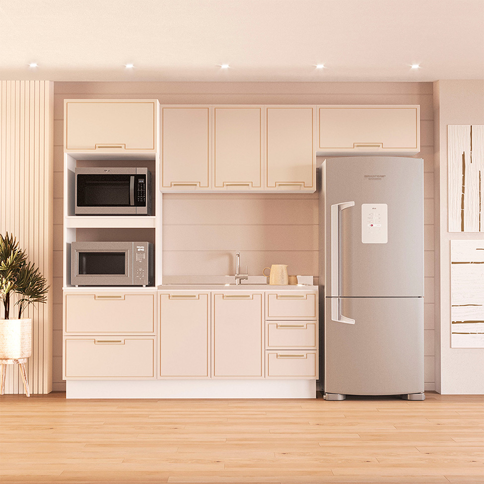 Cozinha Compacta Sem Tampo com Rodapé Amara 7 Portas 5 Gavetas Creme e Branca