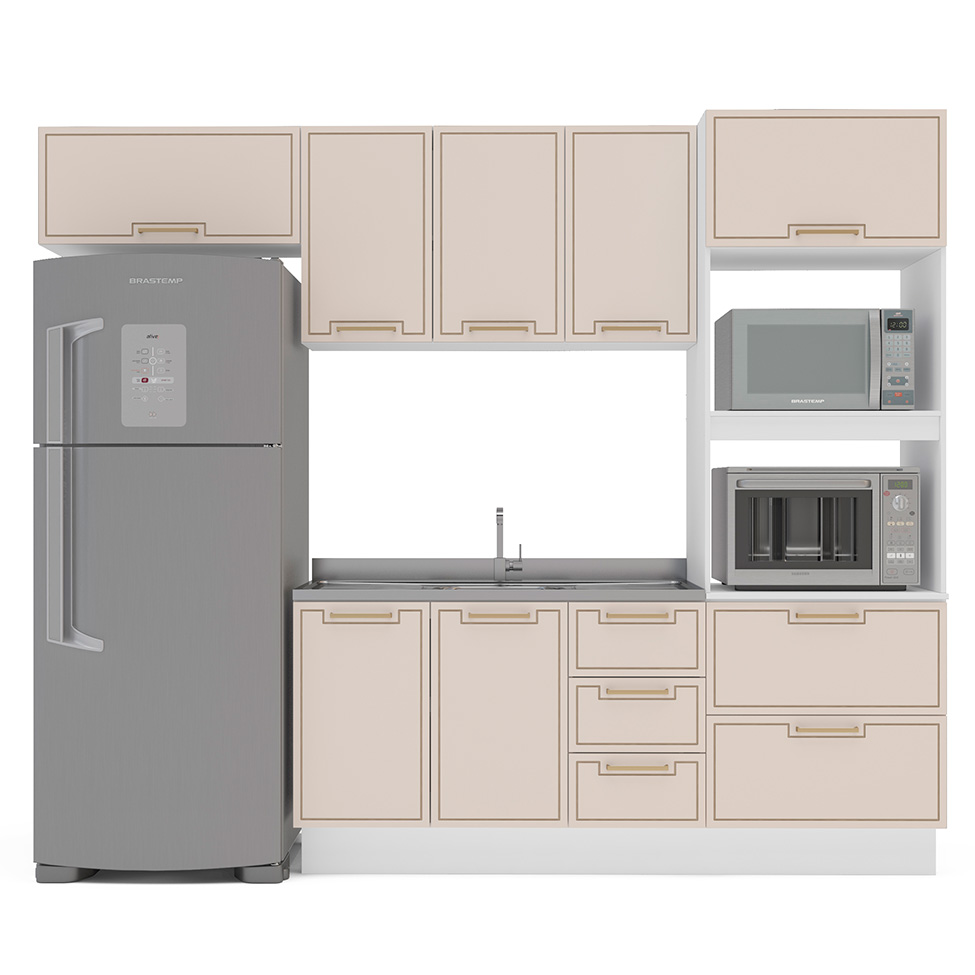 Cozinha Compacta Sem Tampo com Rodapé Amara 7 Portas 5 Gavetas Creme e Branca