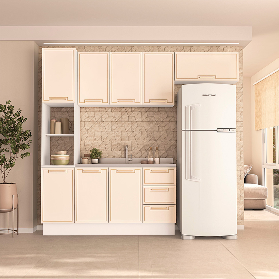 Cozinha Compacta Sem Tampo com Rodapé Amara 8 Portas 3 Gavetas Creme e Branca