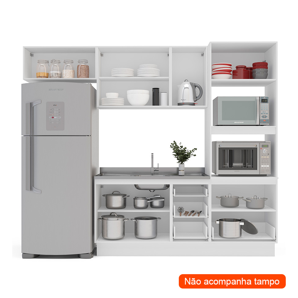 Cozinha Compacta Sem Tampo com Rodapé Amara 8 Portas 4 Gavetas Branca