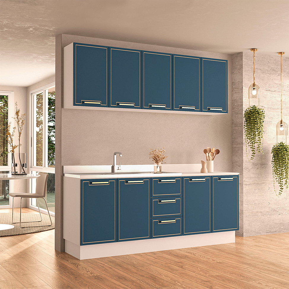 Cozinha Compacta Sem Tampo com Rodapé Amara 9 Portas 3 Gavetas Azul e Branca