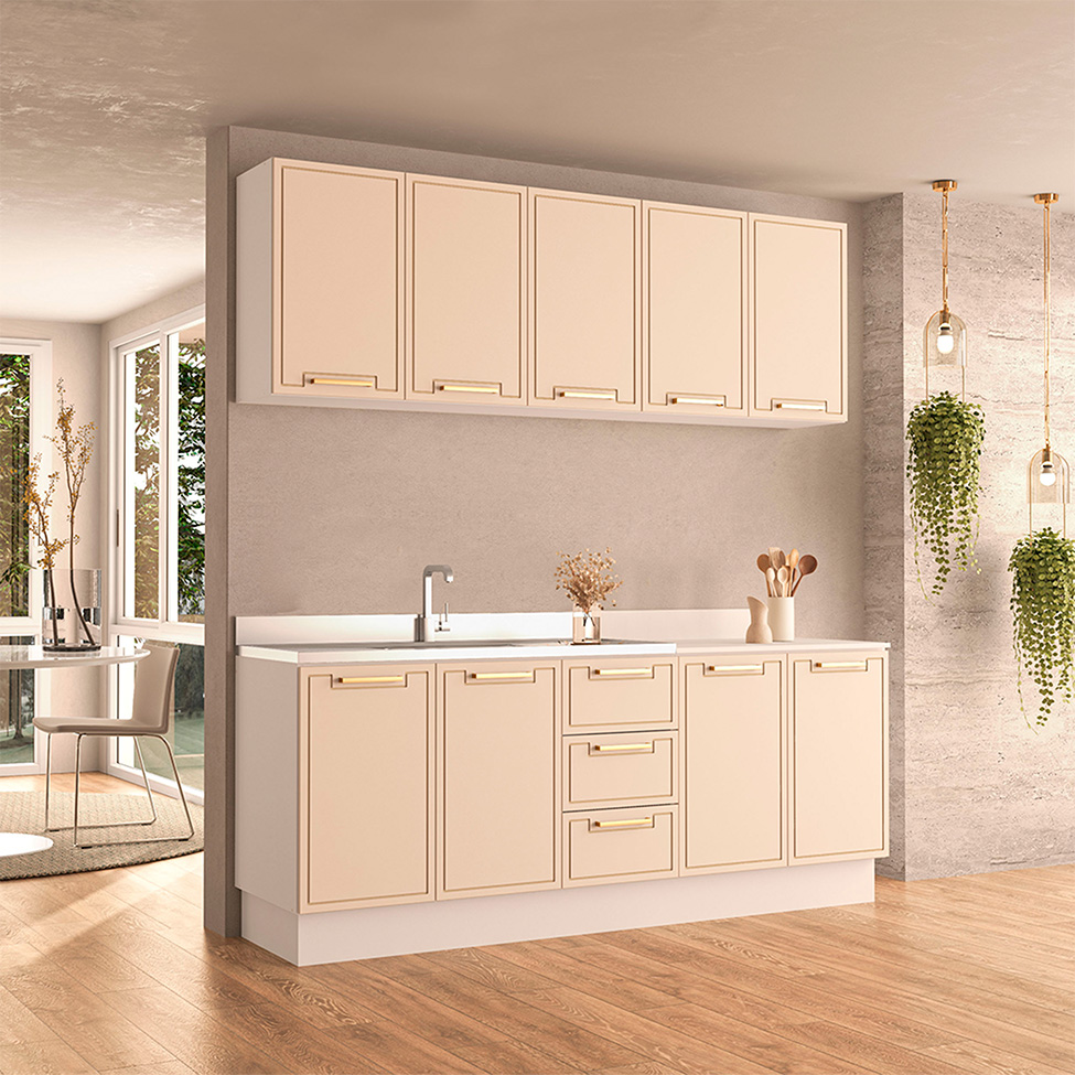 Cozinha Compacta Sem Tampo com Rodapé Amara 9 Portas 3 Gavetas Creme e Branca
