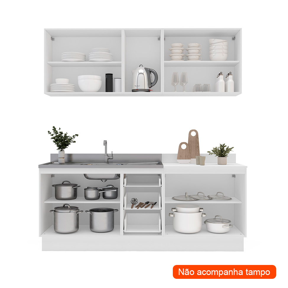 Cozinha Compacta Sem Tampo com Rodapé Amara 9 Portas 3 Gavetas Creme e Branca