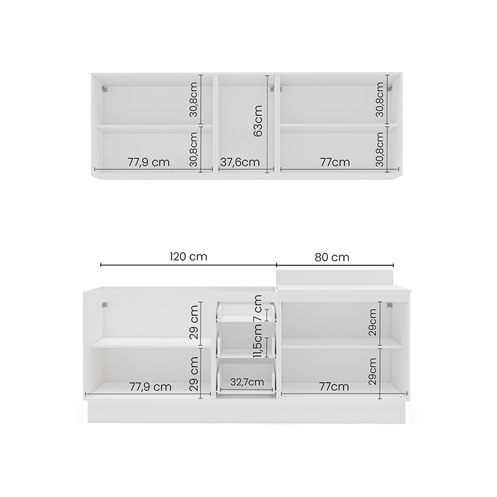 Cozinha Compacta Sem Tampo com Rodapé Amara 9 Portas 3 Gavetas Creme e Branca