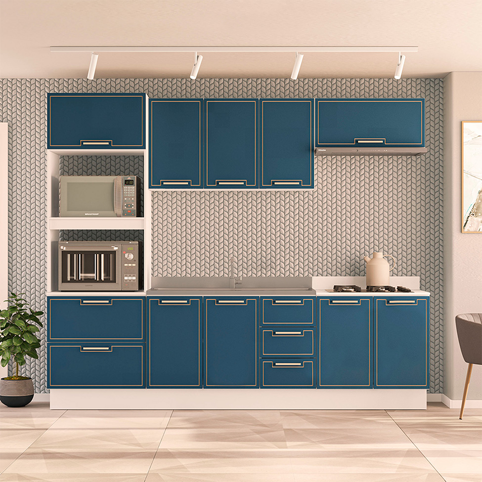 Cozinha Compacta Sem Tampo com Rodapé Amara 9 Portas 5 Gavetas Azul e Branca