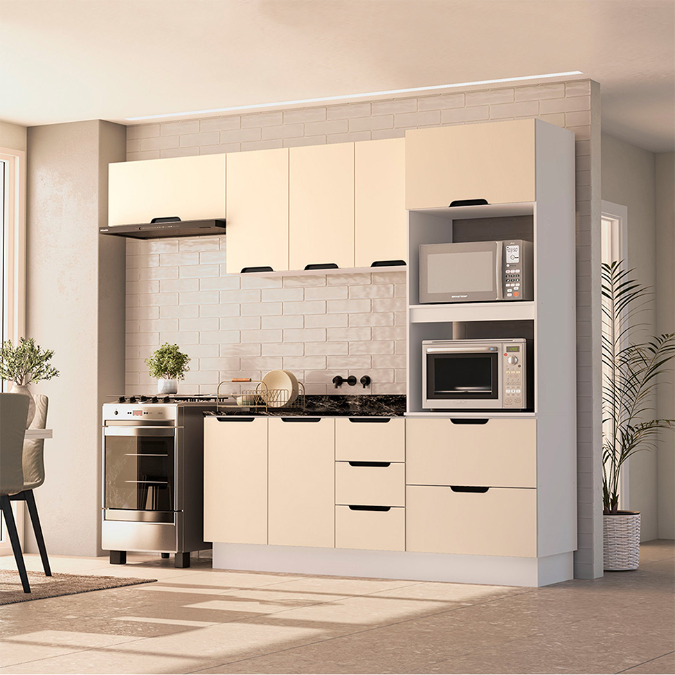 Cozinha Compacta Sem Tampo com Rodapé Meena 7 Portas 5 Gavetas Creme e Branca