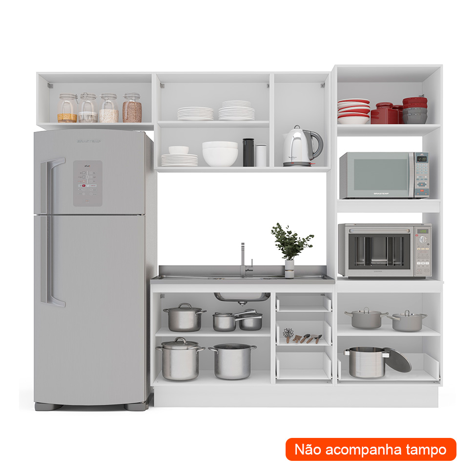 Cozinha Compacta Sem Tampo com Rodapé Meena 7 Portas 5 Gavetas Creme e Branca