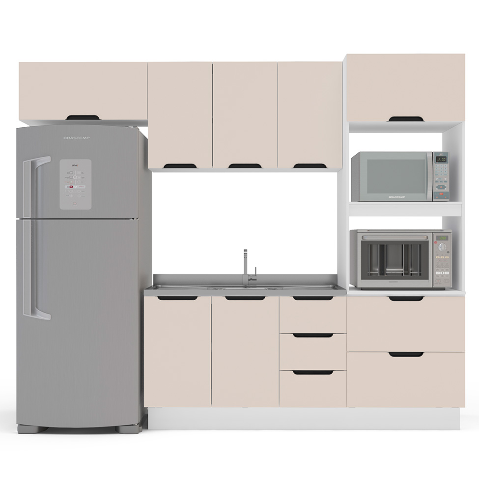 Cozinha Compacta Sem Tampo com Rodapé Meena 7 Portas 5 Gavetas Creme e Branca