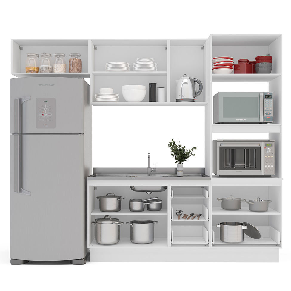 Cozinha Compacta Sem Tampo com Rodapé Meena 7 Portas 5 Gavetas Creme e Branca