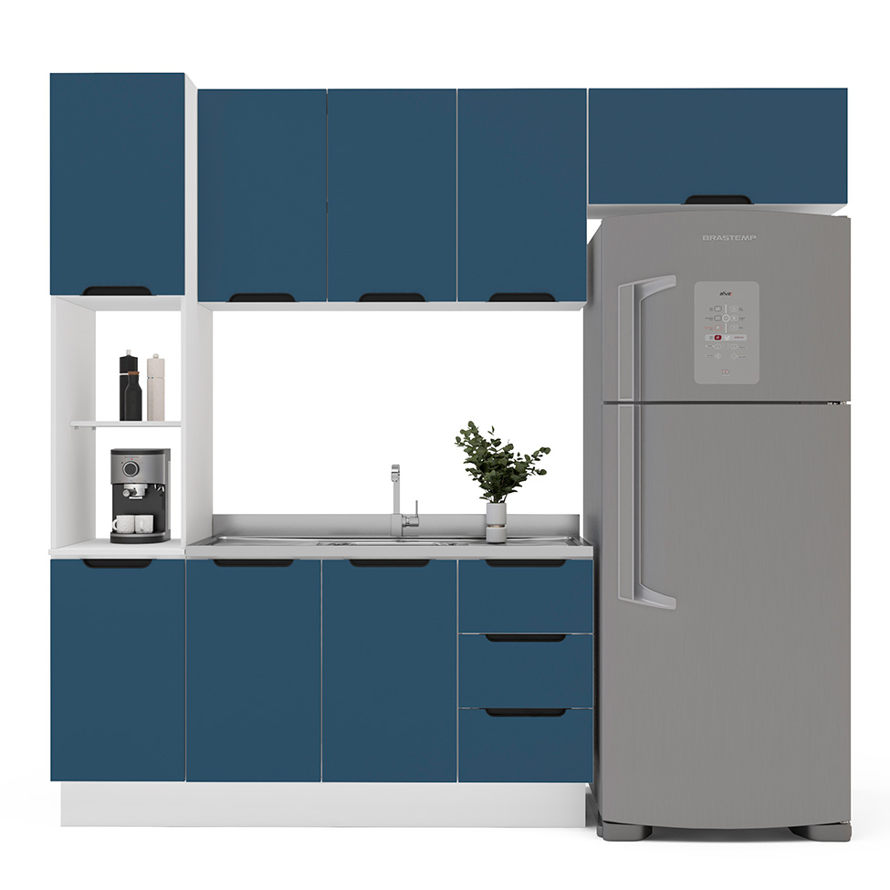 Cozinha Compacta Sem Tampo com Rodapé Meena 8 Portas 3 Gavetas Azul e Branca