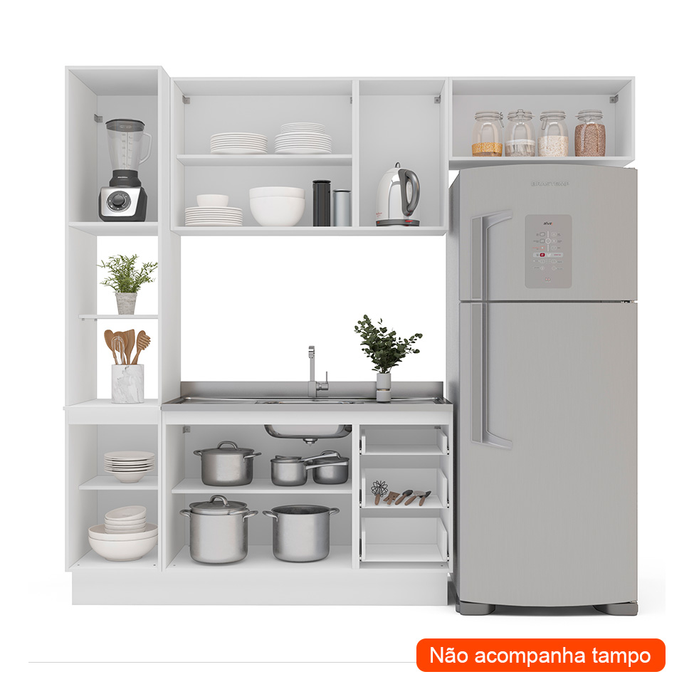 Cozinha Compacta Sem Tampo com Rodapé Meena 8 Portas 3 Gavetas Creme e Branca