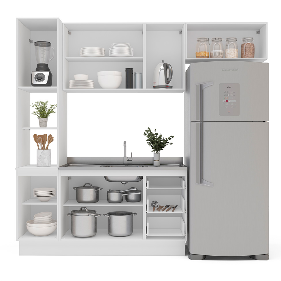 Cozinha Compacta Sem Tampo com Rodapé Meena 8 Portas 3 Gavetas Creme e Branca