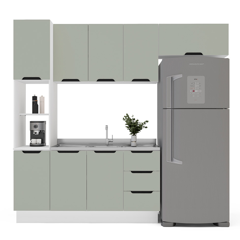 Cozinha Compacta Sem Tampo com Rodapé Meena 8 Portas 3 Gavetas Verde e Branca