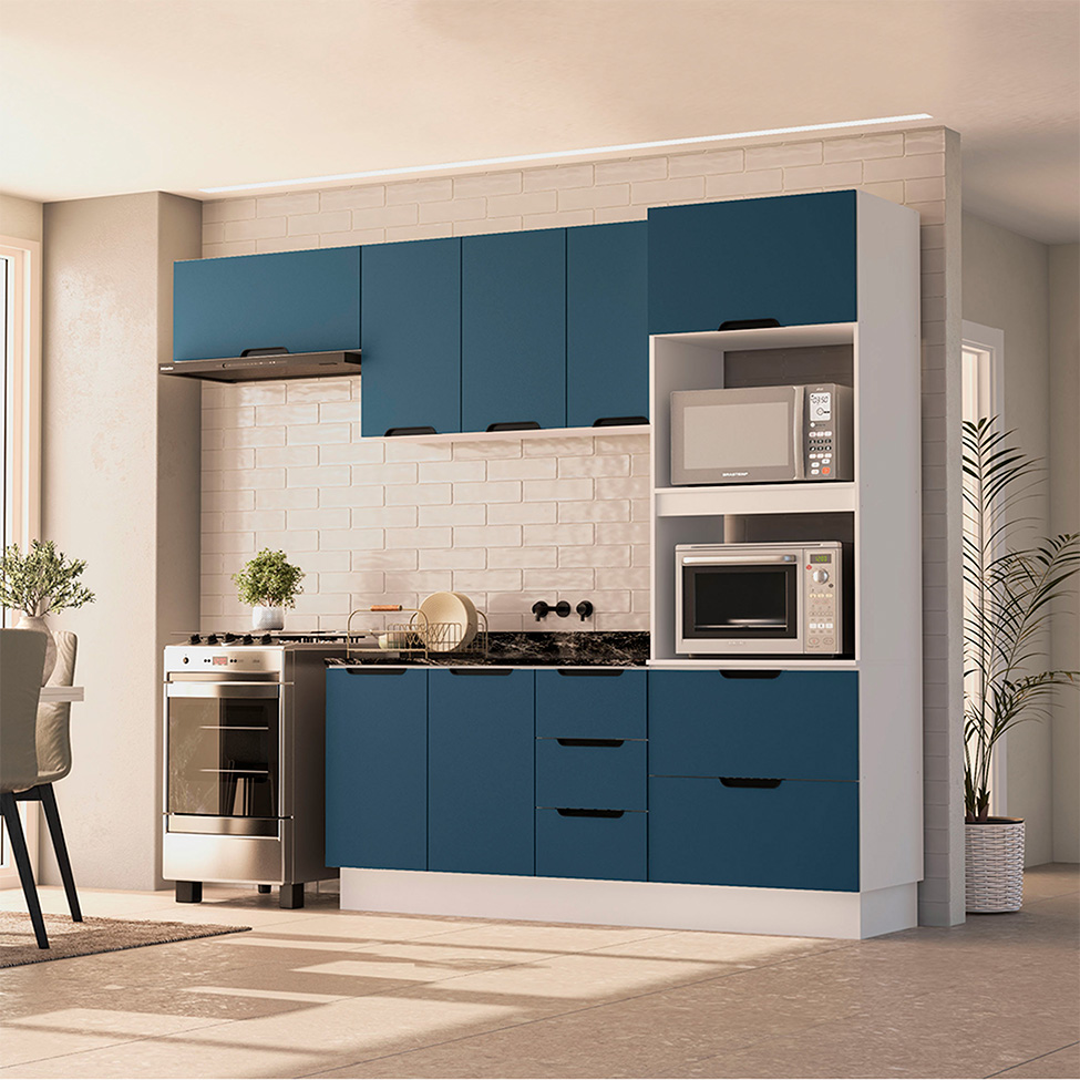 Cozinha Compacta Sem Tampo com Rodapé Meena 8 Portas 4 Gavetas Azul e Branca