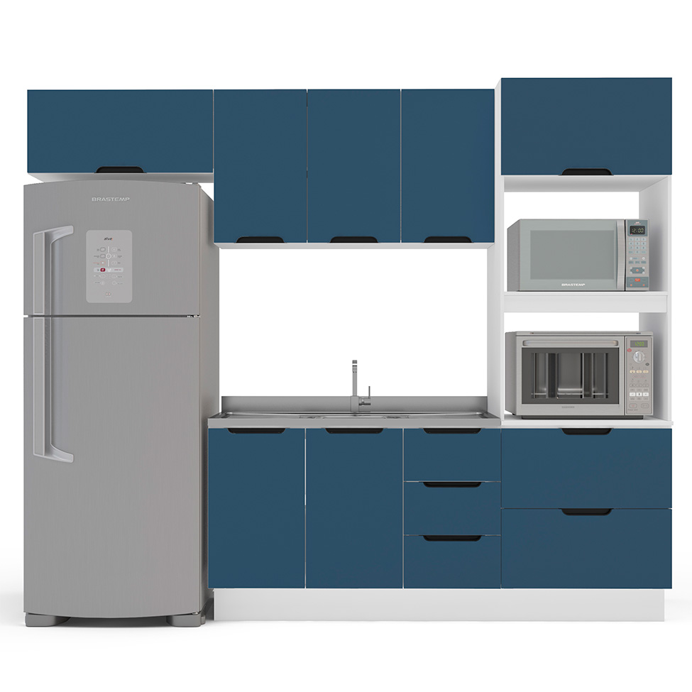 Cozinha Compacta Sem Tampo com Rodapé Meena 8 Portas 4 Gavetas Azul e Branca