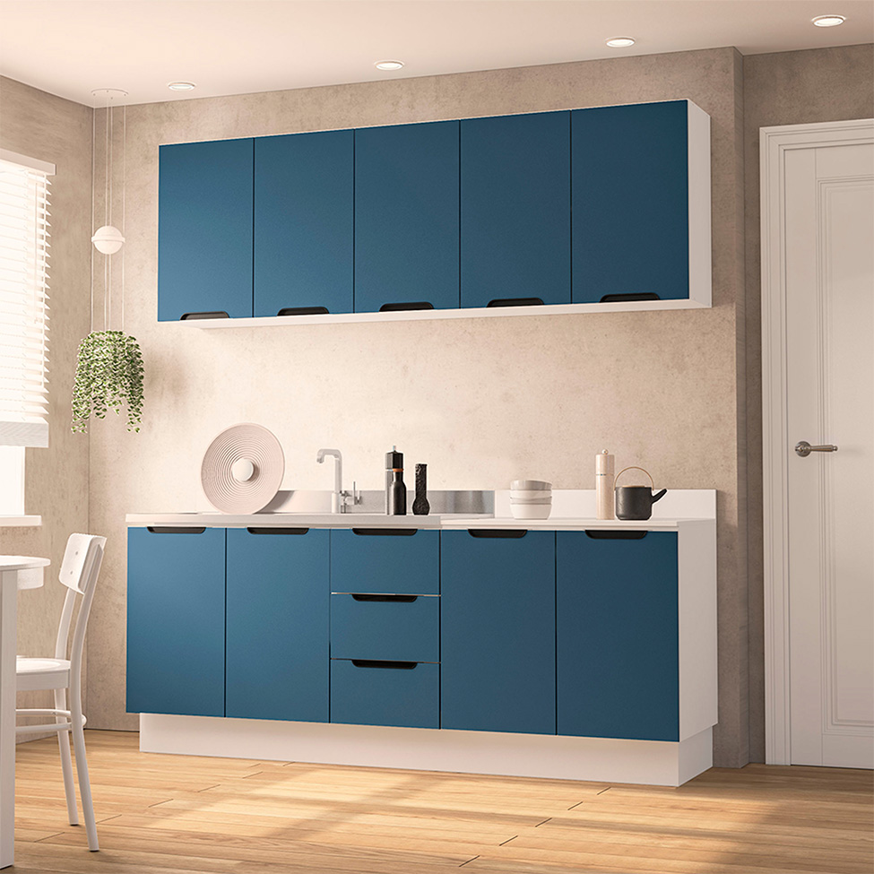 Cozinha Compacta Sem Tampo com Rodapé Meena 9 Portas 3 Gavetas Azul e Branca