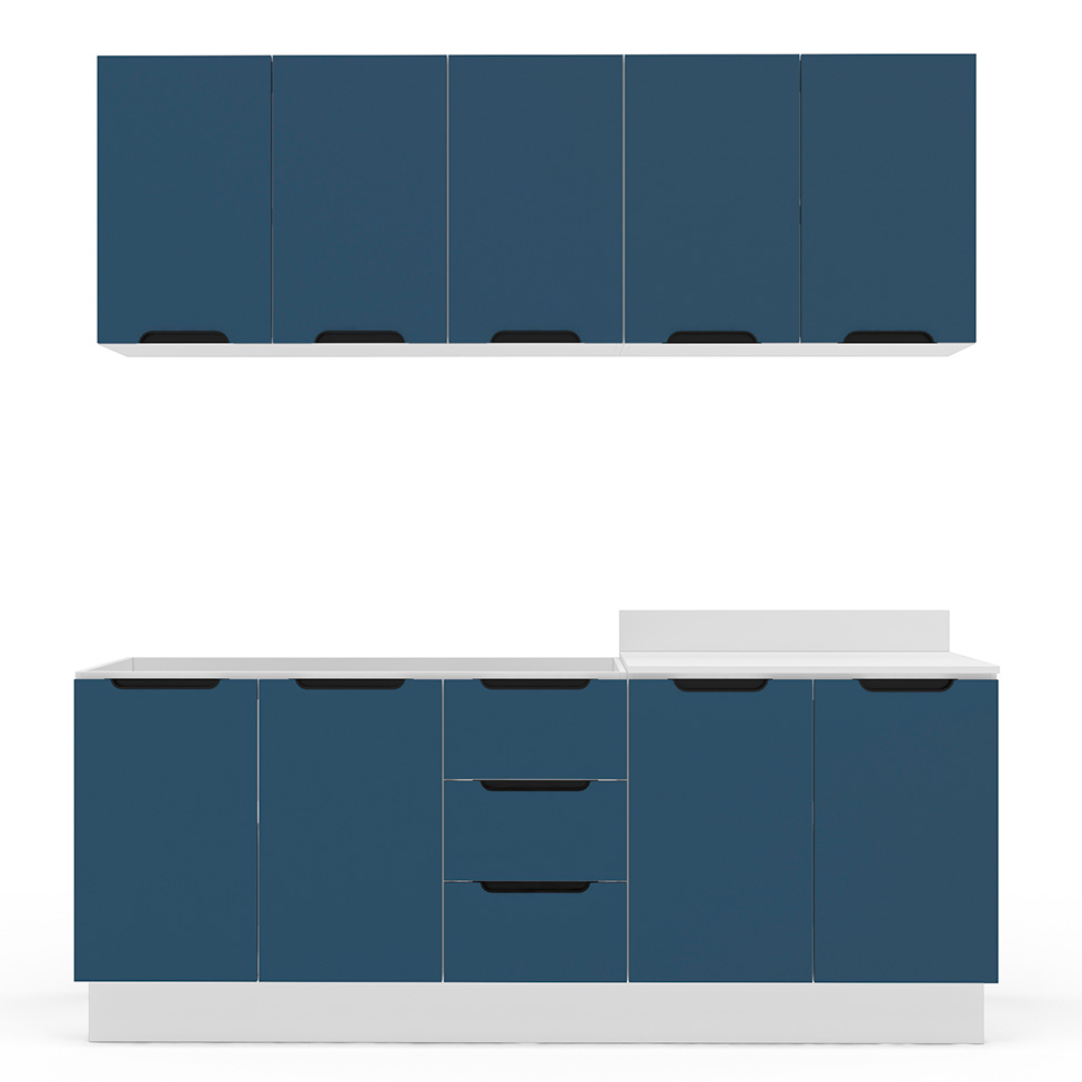Cozinha Compacta Sem Tampo com Rodapé Meena 9 Portas 3 Gavetas Azul e Branca