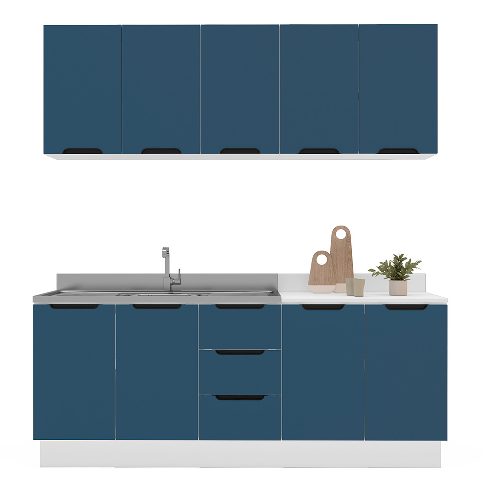 Cozinha Compacta Sem Tampo com Rodapé Meena 9 Portas 3 Gavetas Azul e Branca