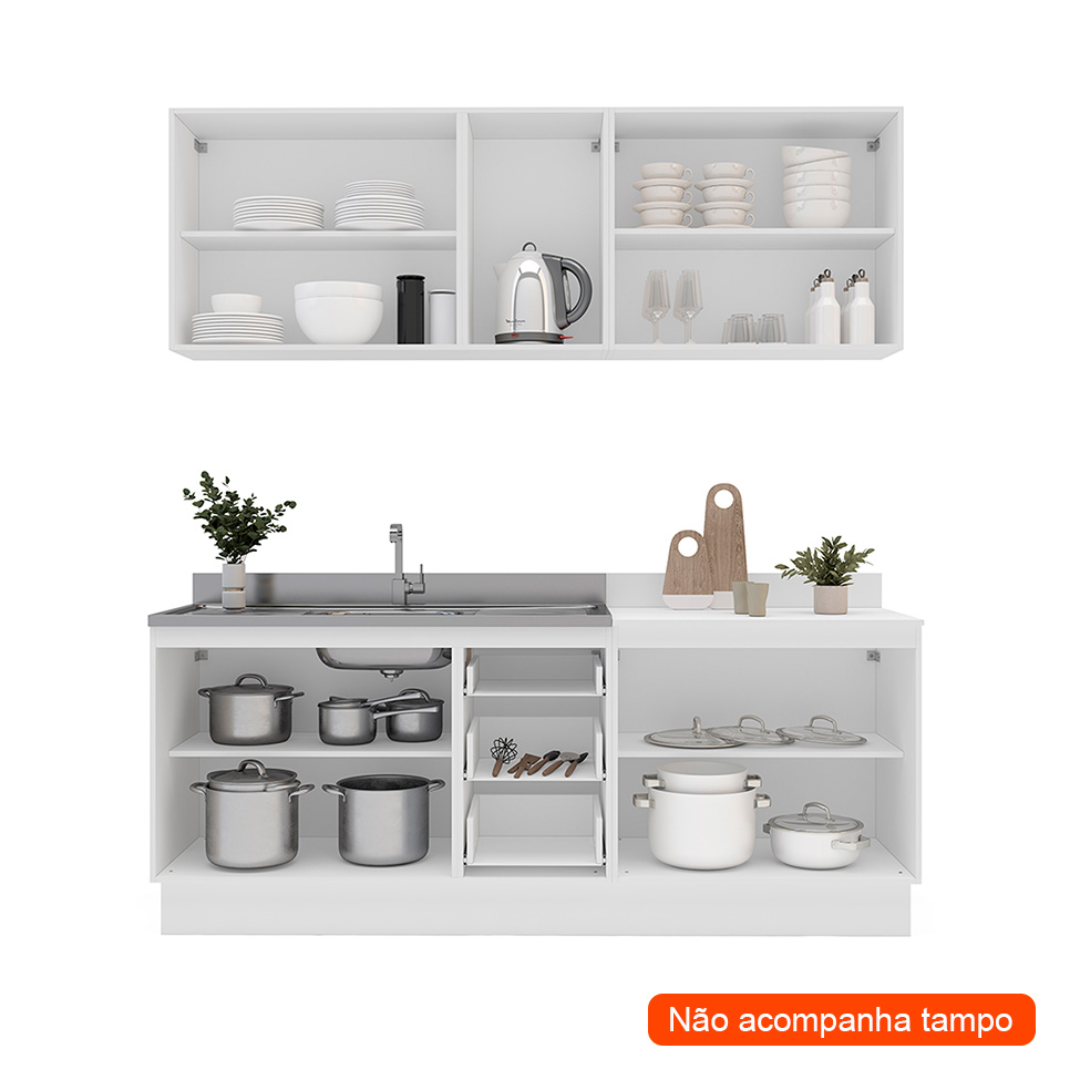 Cozinha Compacta Sem Tampo com Rodapé Meena 9 Portas 3 Gavetas Creme e Branca