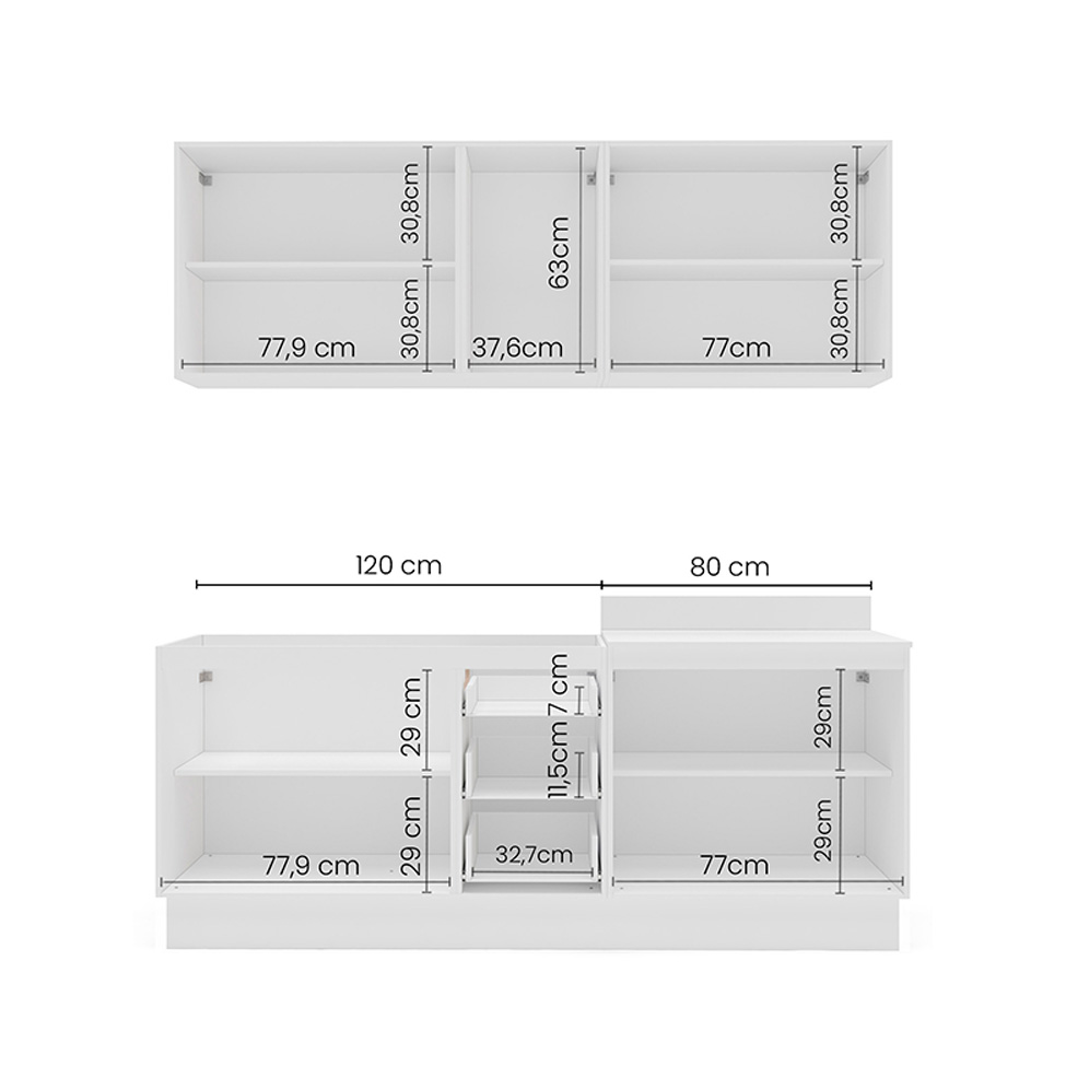 Cozinha Compacta Sem Tampo com Rodapé Meena 9 Portas 3 Gavetas Creme e Branca