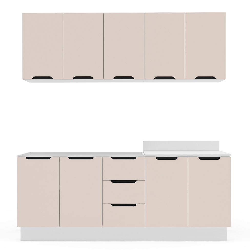 Cozinha Compacta Sem Tampo com Rodapé Meena 9 Portas 3 Gavetas Creme e Branca
