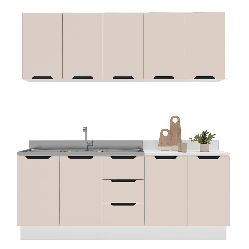 Cozinha Compacta Sem Tampo com Rodapé Meena 9 Portas 3 Gavetas Creme e Branca