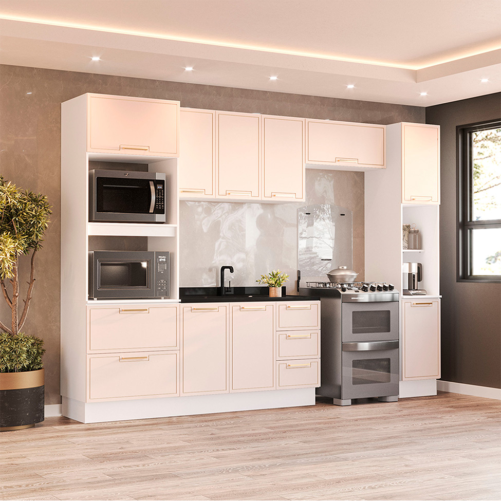 Cozinha Compacta Sem Tampo com Rodapé e Paneleiro Amara 10 Portas 4 Gavetas Creme e Branca