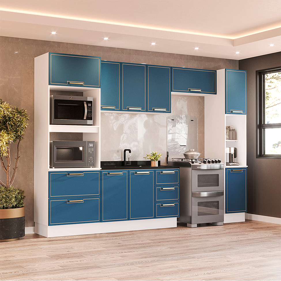 Cozinha Compacta Sem Tampo com Rodapé e Paneleiro Amara 9 Portas 5 Gavetas Azul e Branca
