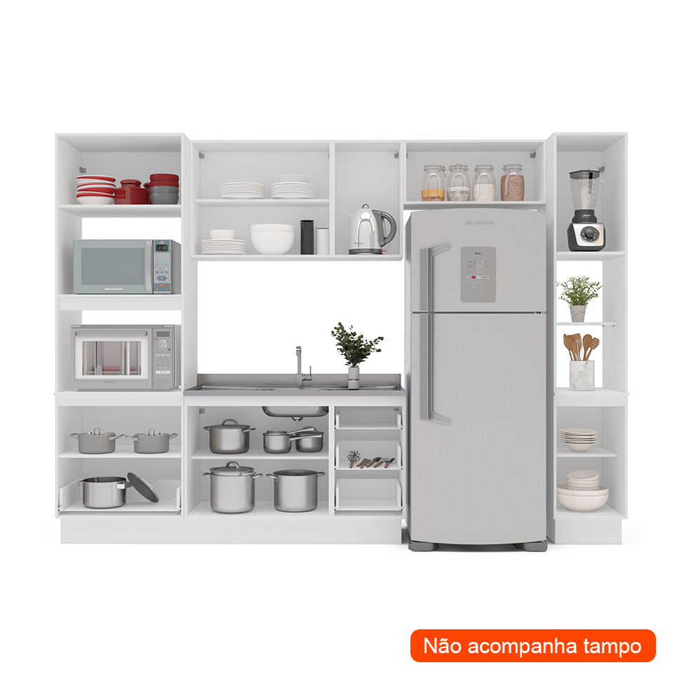 Cozinha Compacta Sem Tampo com Rodapé e Paneleiro Amara 9 Portas 5 Gavetas Azul e Branca