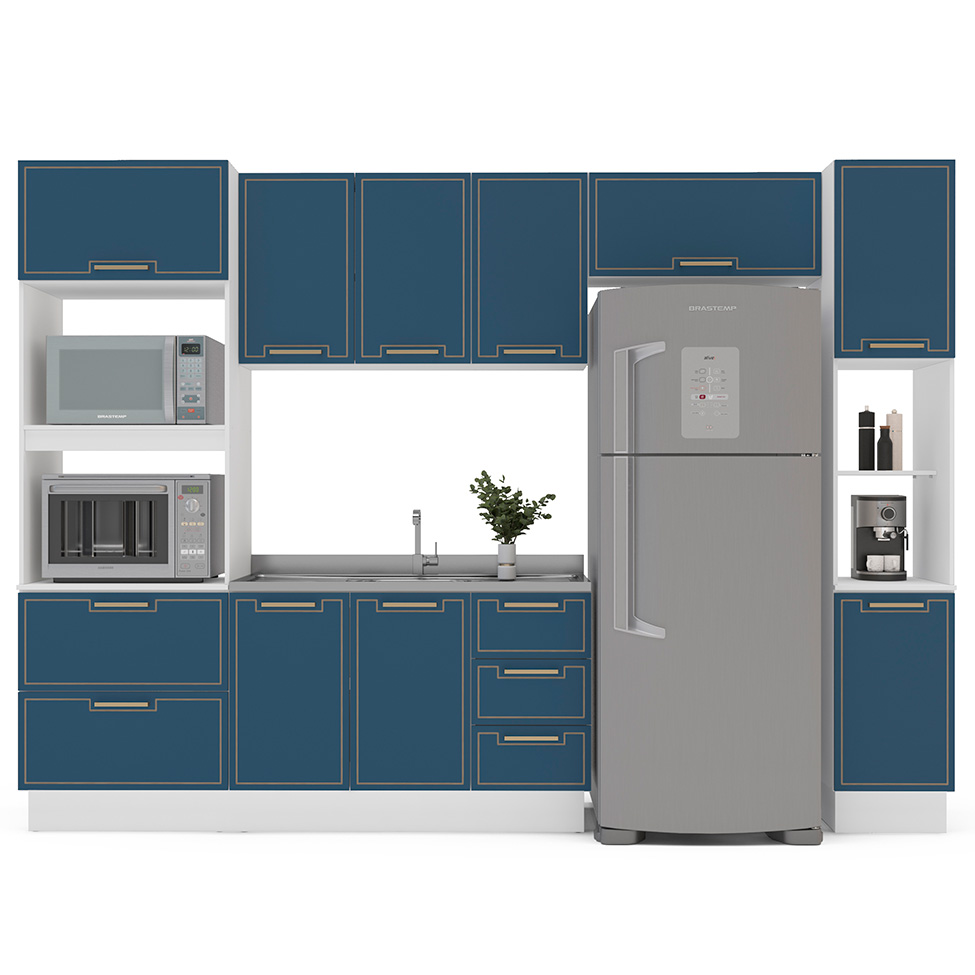 Cozinha Compacta Sem Tampo com Rodapé e Paneleiro Amara 9 Portas 5 Gavetas Azul e Branca