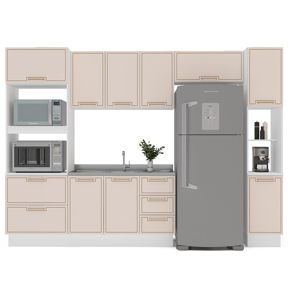 Cozinha Compacta Sem Tampo com Rodapé e Paneleiro Amara 9 Portas 5 Gavetas Creme e Branca